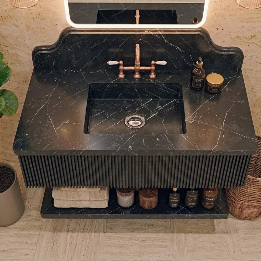 Alexander Black Marble Floating Sink, Fluted Vanity, Hand Carved Stone Washbasin