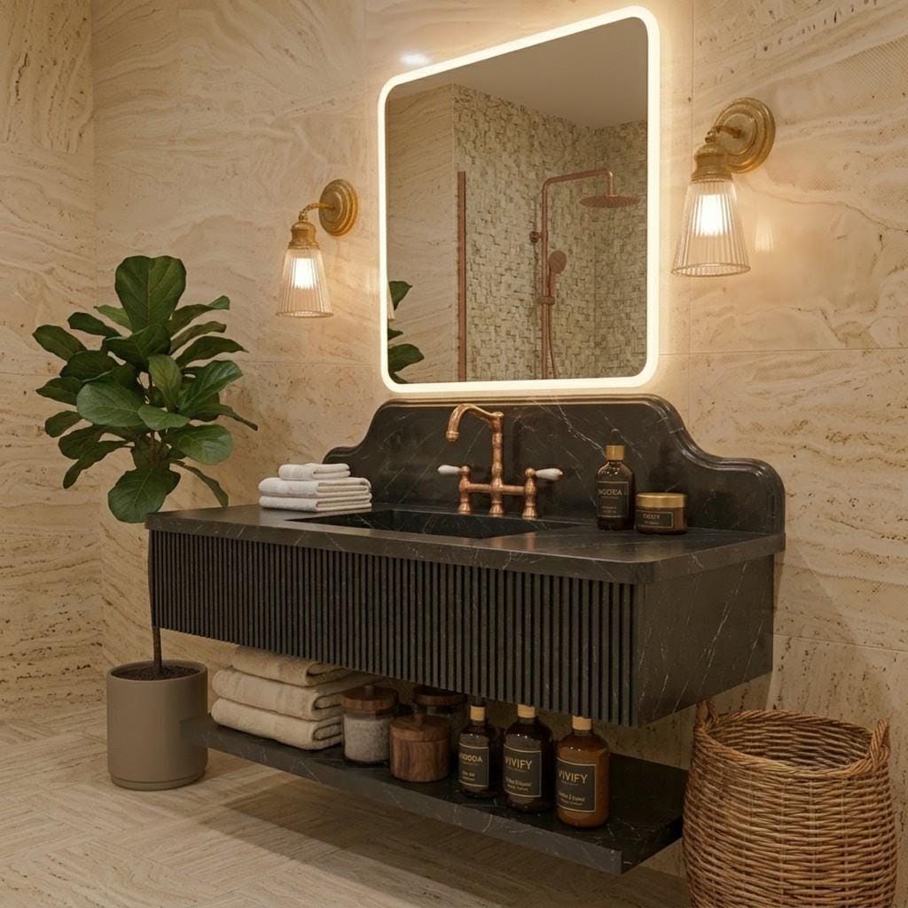 Alexander Black Marble Floating Sink, Fluted Vanity, Hand Carved Stone Washbasin
