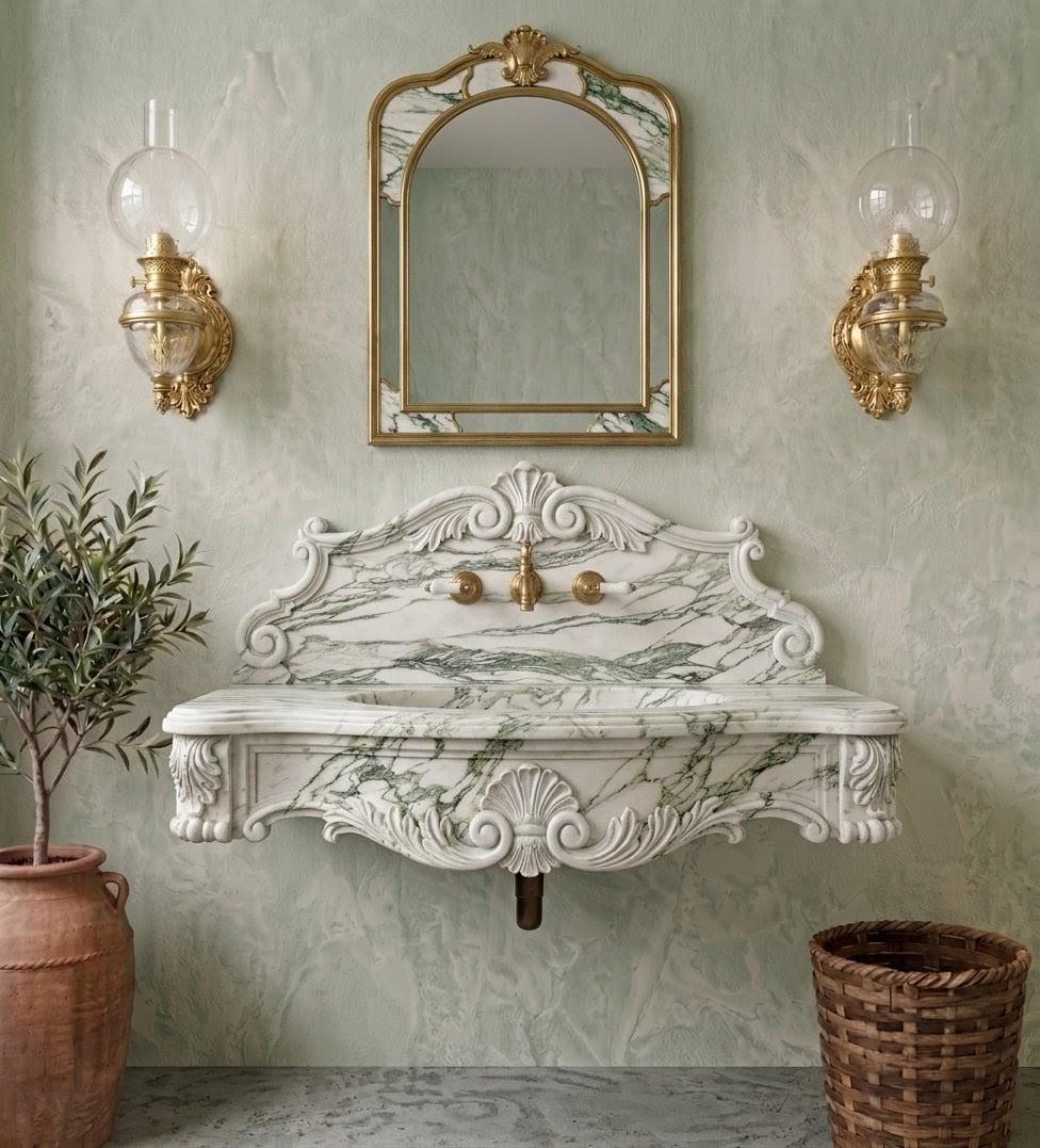 Hand-Carved Calacatta Green Marble Vanity Sink: French Rococo Style, Wall-Mounted Basin