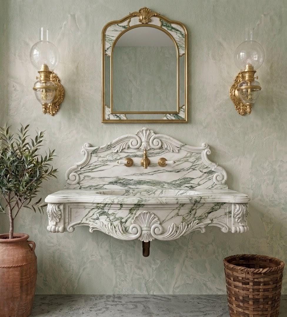 Hand-Carved Green Marble Sink, Vintage Calacatta Wall Mount Vanity Washbasin
