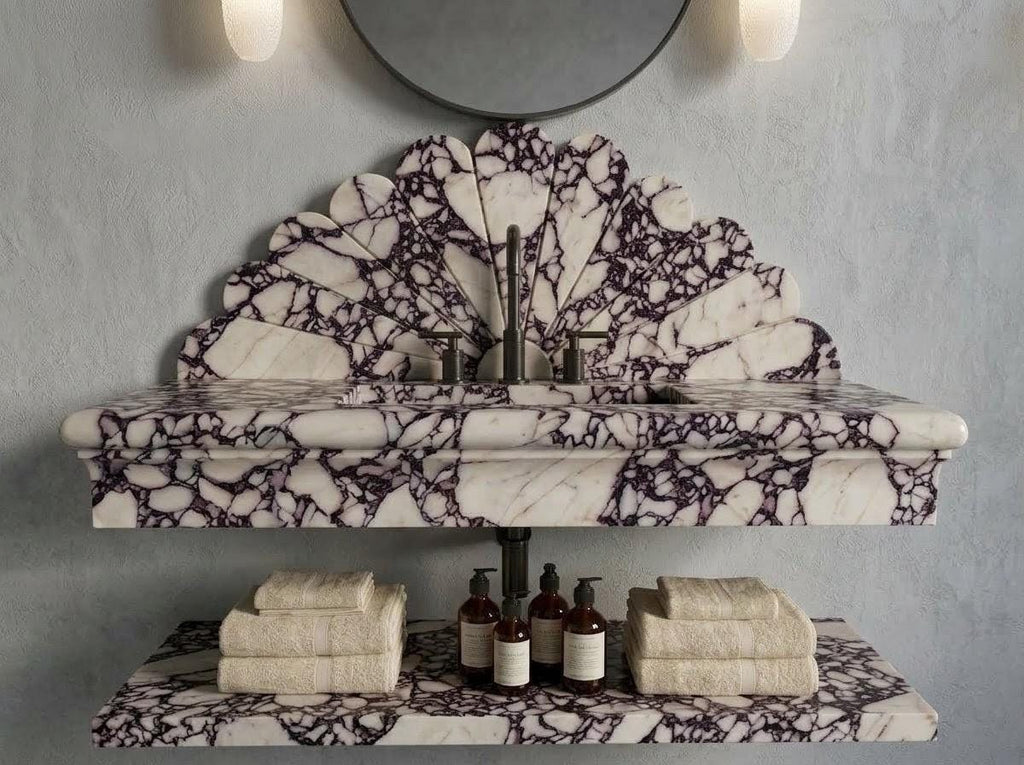 Calacatta Viola Marble Floating Vanity Sink, Hand-Carved Starburst Fan Backsplash