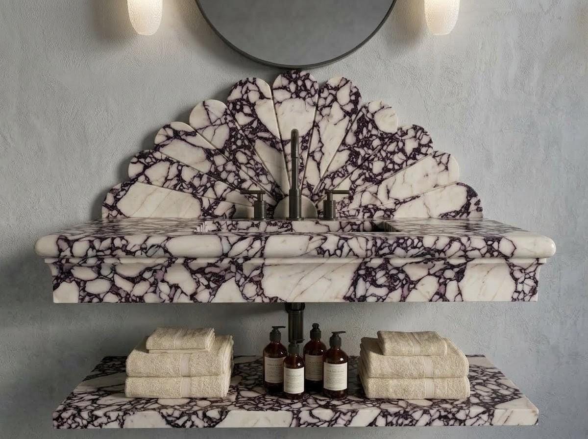 Calacatta Viola Marble Floating Vanity Sink, Hand-Carved Starburst Fan Backsplash