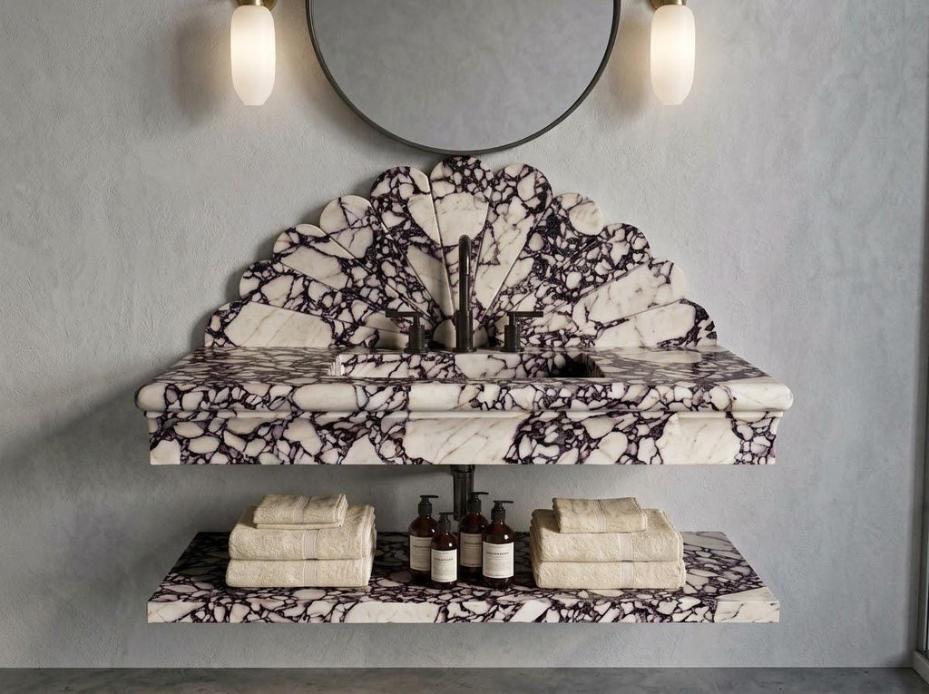 Calacatta Viola Marble Floating Vanity Sink, Hand-Carved Starburst Fan Backsplash