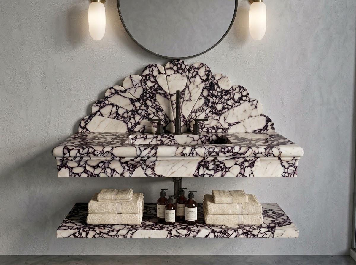 Calacatta Viola Marble Floating Vanity Sink, Hand-Carved Starburst Fan Backsplash