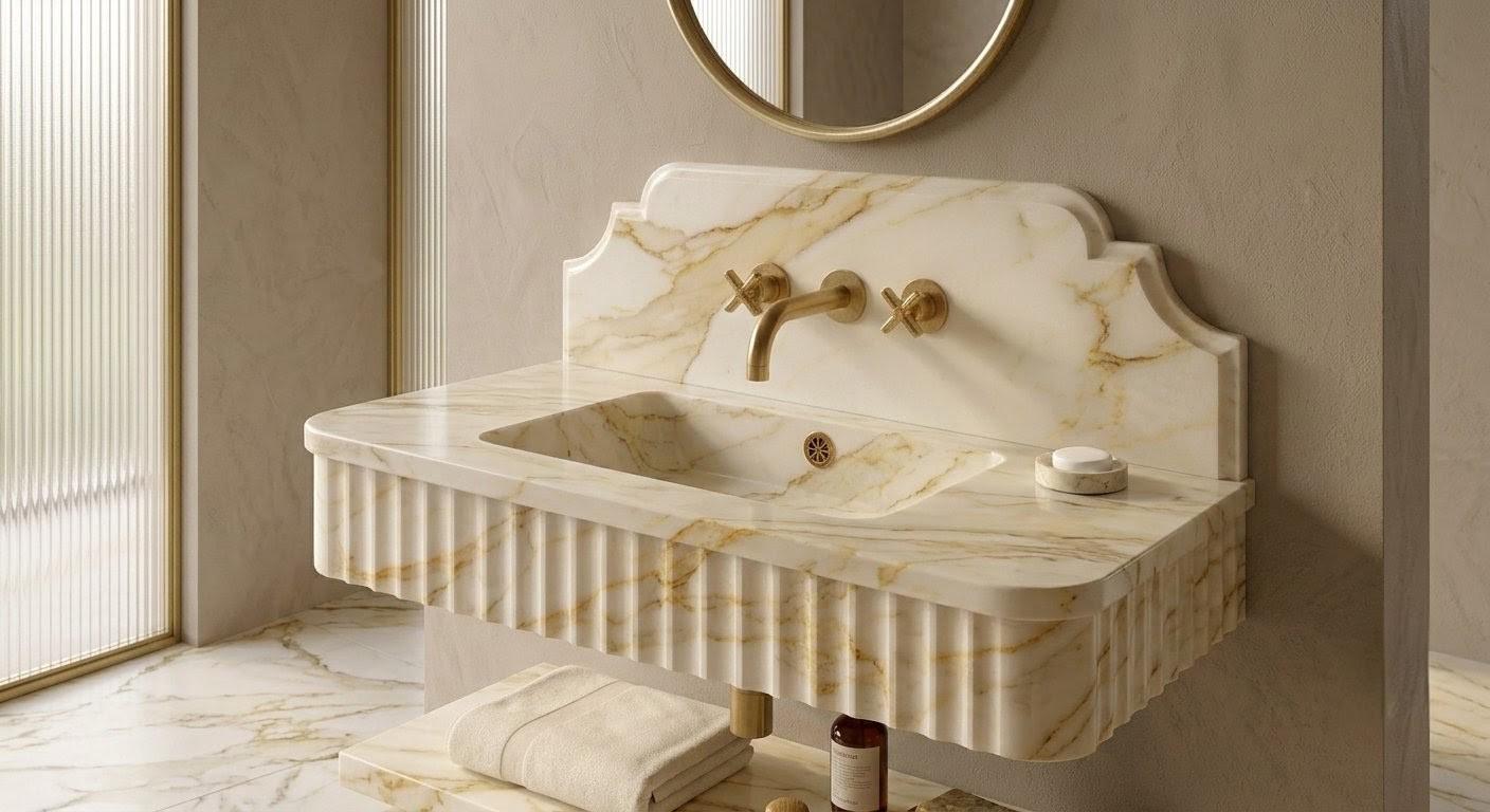 Calacatta Gold Marble Floating Vanity Sink, Fluted Basin, Scalloped Backsplash