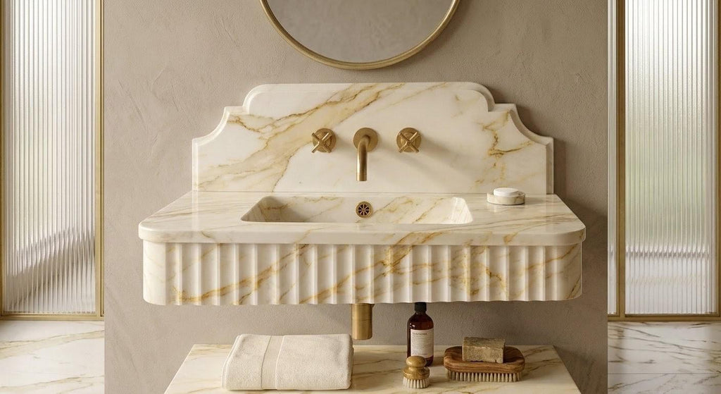 Calacatta Gold Marble Floating Vanity Sink, Fluted Basin, Scalloped Backsplash