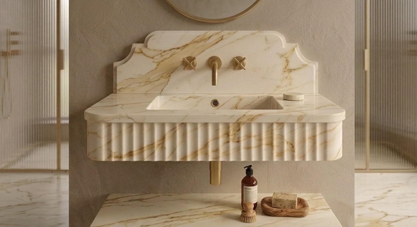 Calacatta Gold Marble Floating Vanity Sink, Fluted Basin, Scalloped Backsplash