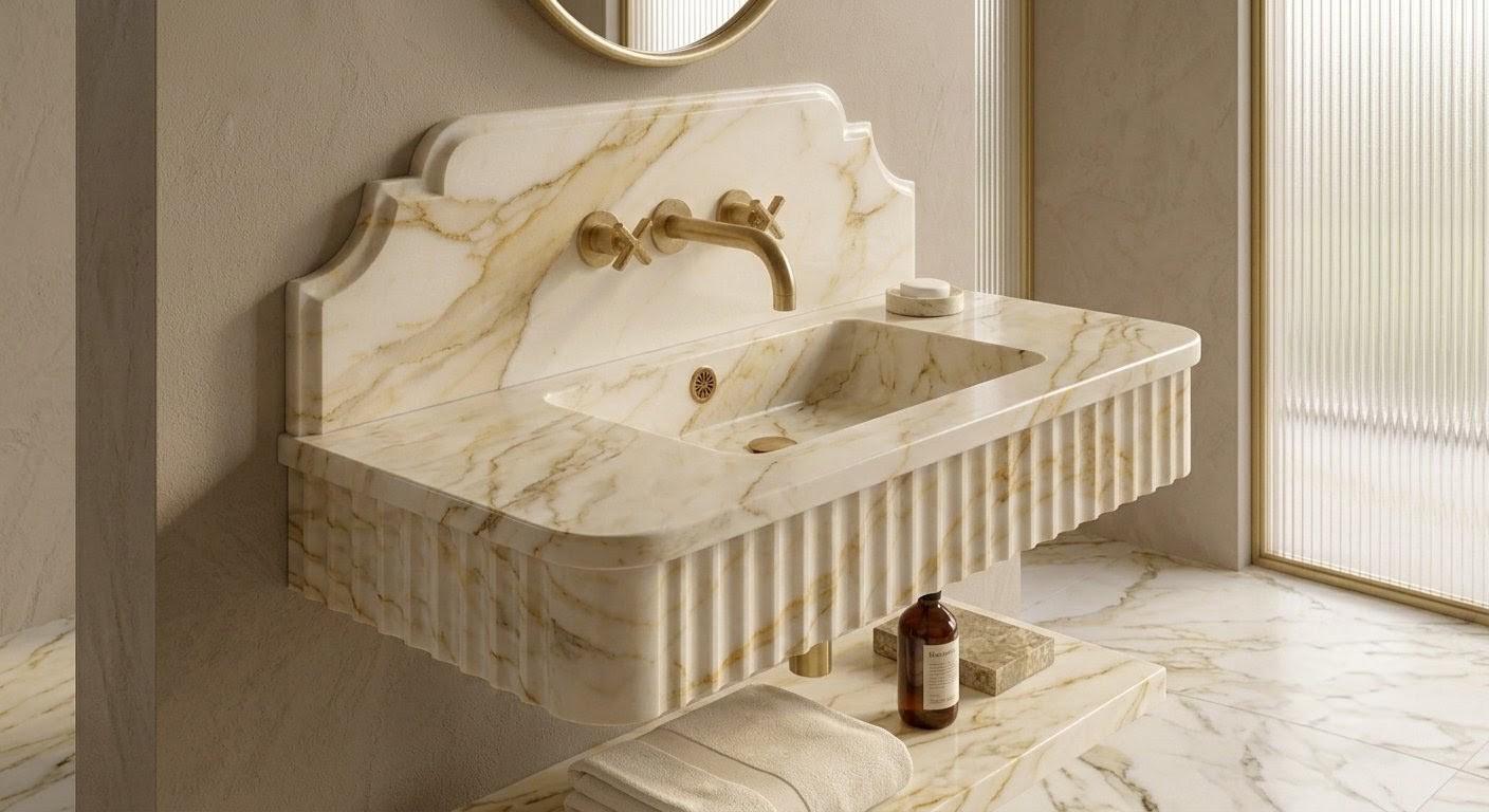Calacatta Gold Marble Floating Vanity Sink, Fluted Basin, Scalloped Backsplash