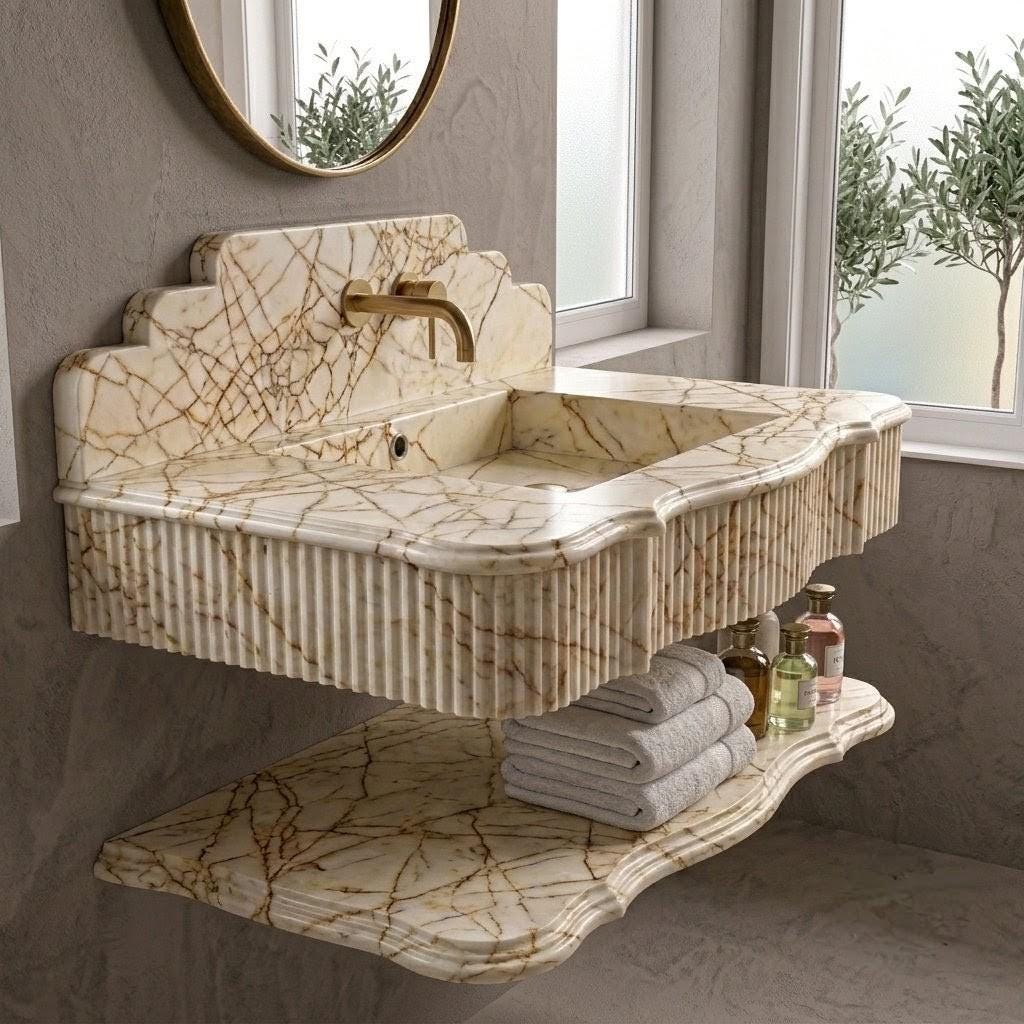 Calacatta Gold Marble Floating Sink | Handcrafted Fluted Vanity Basin, Integrated Shelf