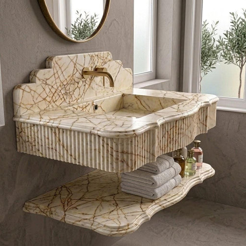 Calacatta Gold Marble Floating Sink | Handcrafted Fluted Vanity Basin, Integrated Shelf