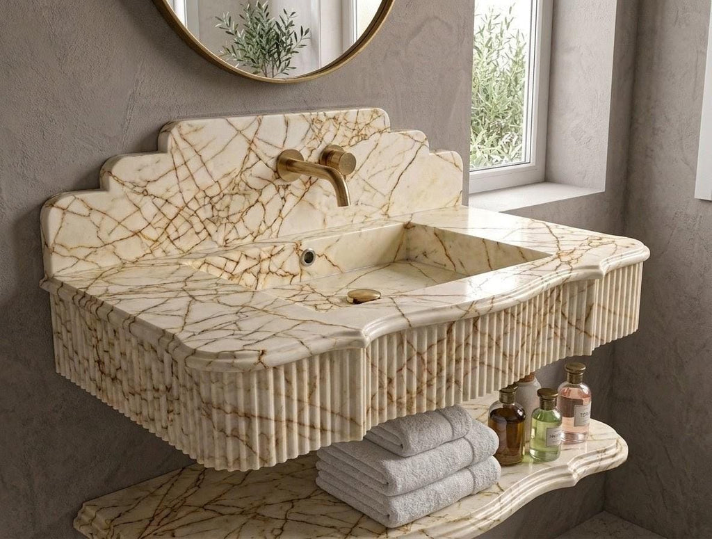 Calacatta Gold Marble Floating Sink | Handcrafted Fluted Vanity Basin, Integrated Shelf