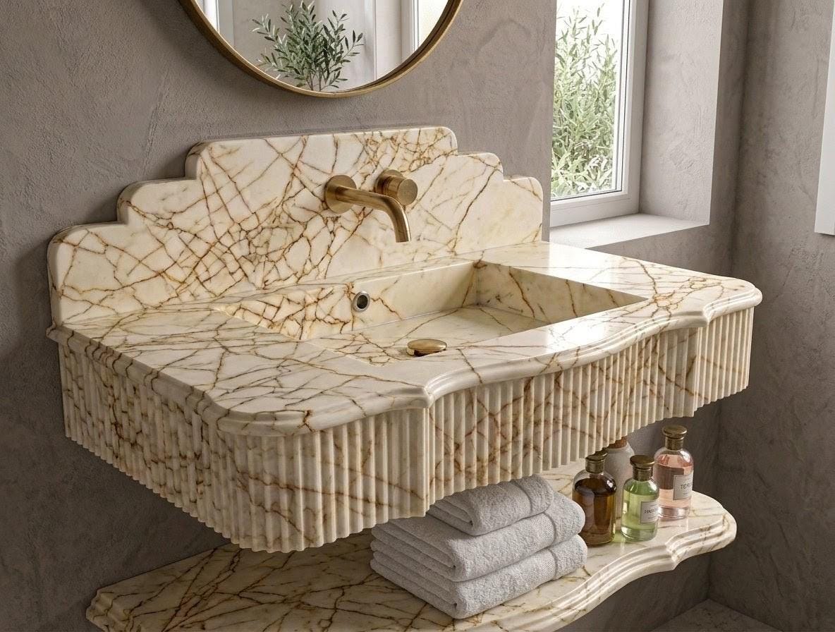 Calacatta Gold Marble Floating Sink | Handcrafted Fluted Vanity Basin, Integrated Shelf