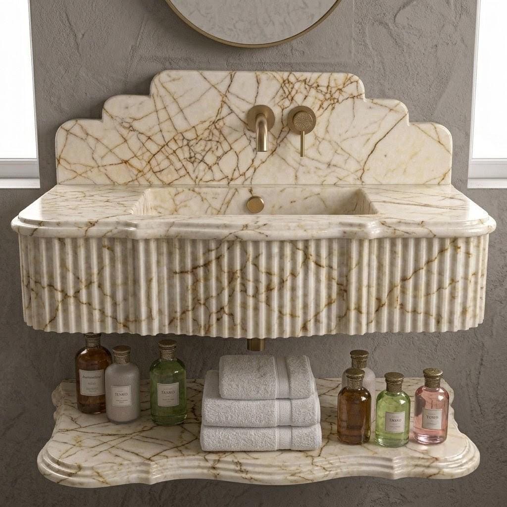 Calacatta Gold Marble Floating Sink | Handcrafted Fluted Vanity Basin, Integrated Shelf