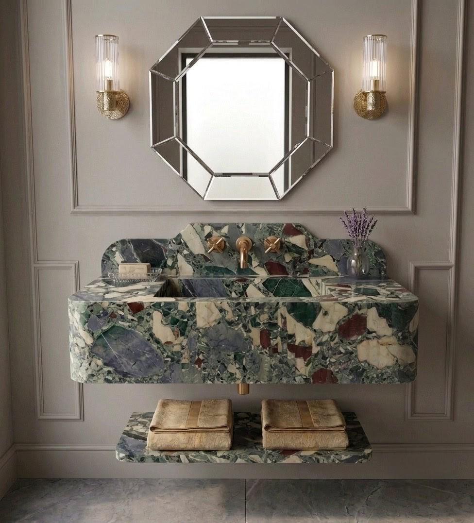 Breccia Medicea Marble Sink, Wall Mount Floating Vanity with Shelf