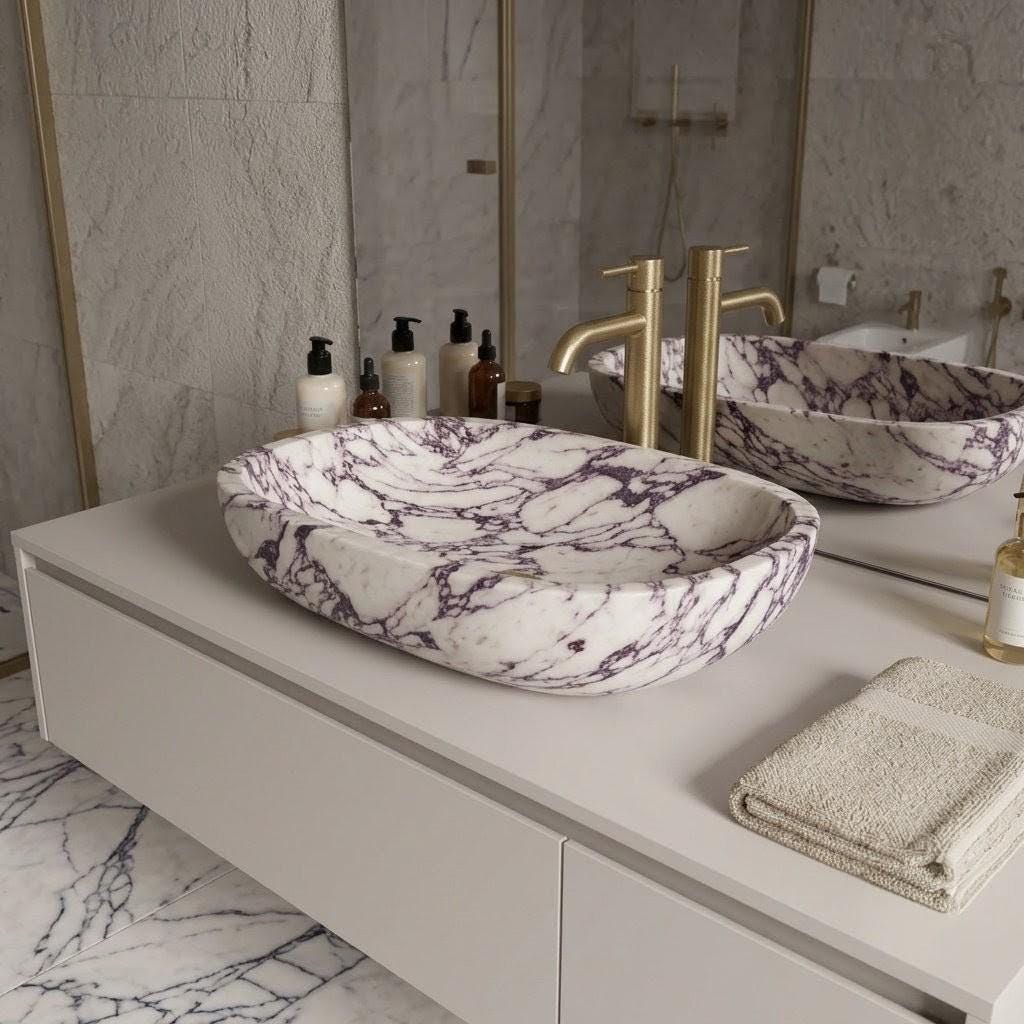 Calacatta Viola Marble Oval Vessel Sink, Handcrafted Natural Stone Bathroom Basin