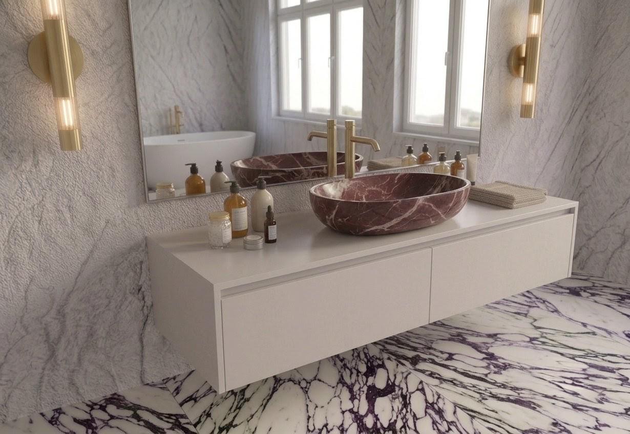 Rosso Levanto Marble Vessel Sink | Handcrafted Red Natural Stone Bathroom Basin Oval Vanity Counter