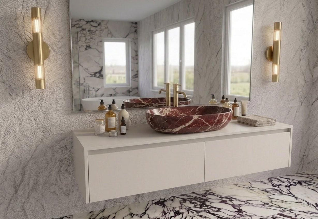 Rosso Levanto Marble Vessel Sink | Handcrafted Red Natural Stone Bathroom Basin Oval Vanity Counter