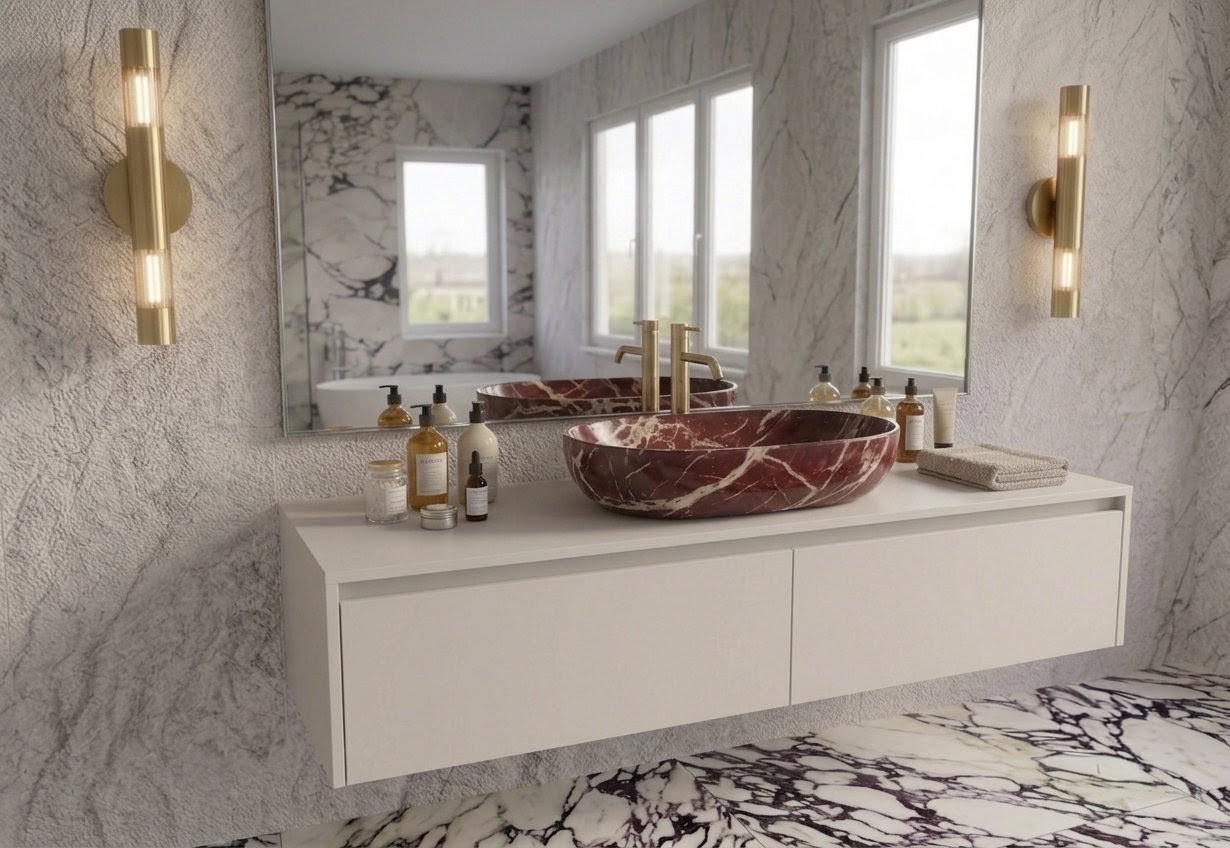 Rosso Levanto Marble Vessel Sink | Handcrafted Red Natural Stone Bathroom Basin Oval Vanity Counter