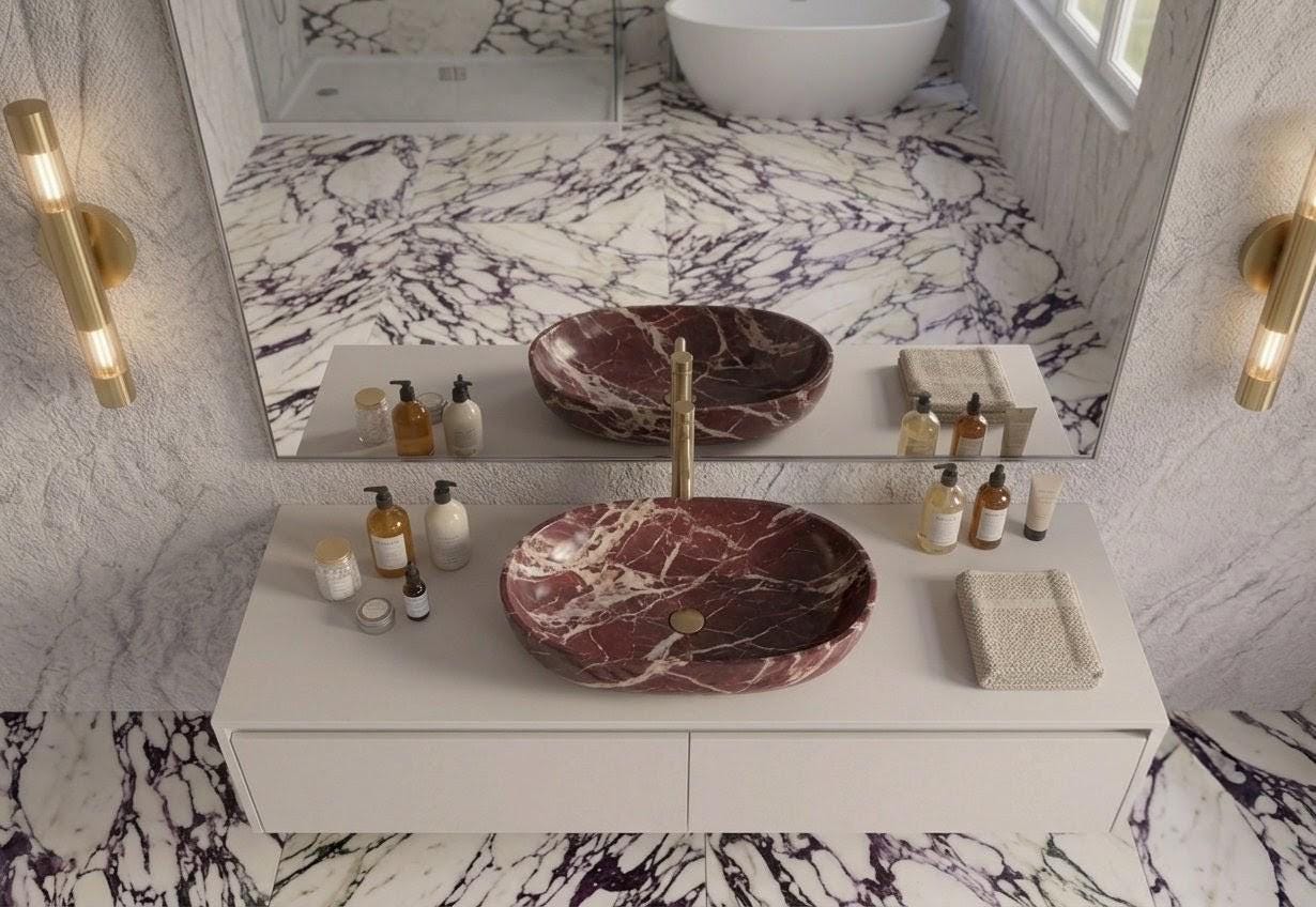 Rosso Levanto Marble Vessel Sink | Handcrafted Red Natural Stone Bathroom Basin Oval Vanity Counter