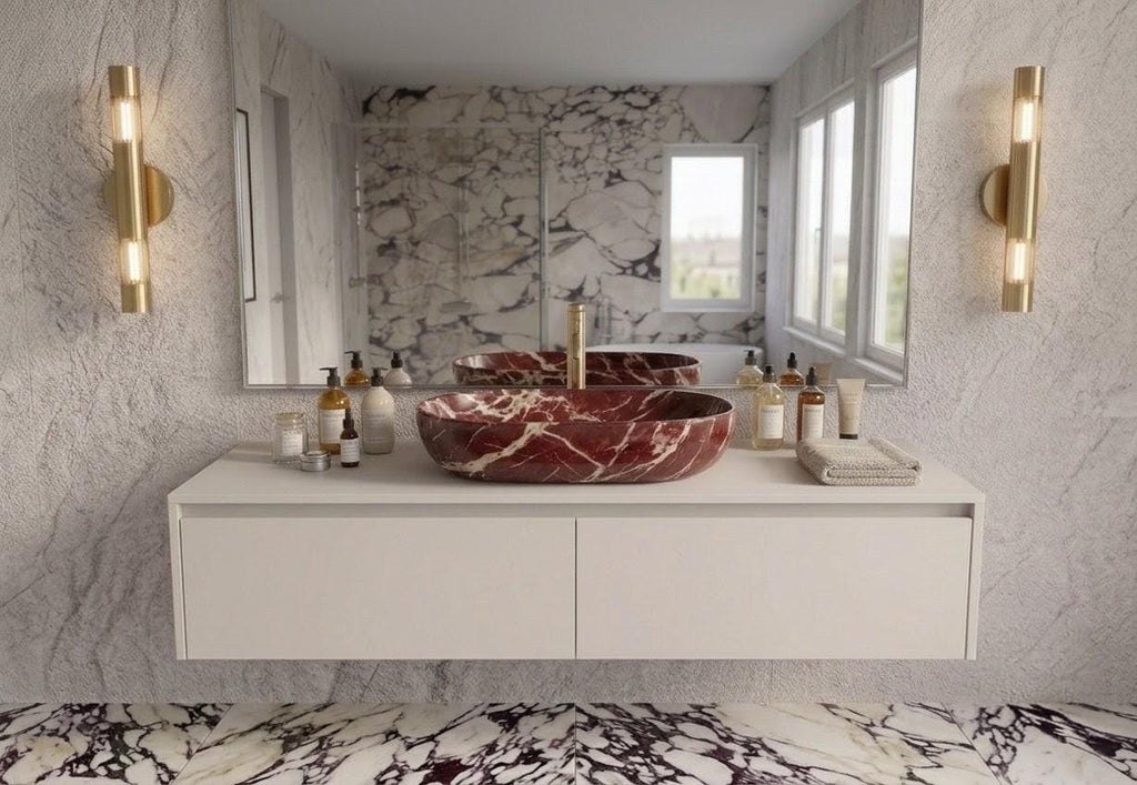 Rosso Levanto Marble Vessel Sink | Handcrafted Red Natural Stone Bathroom Basin Oval Vanity Counter