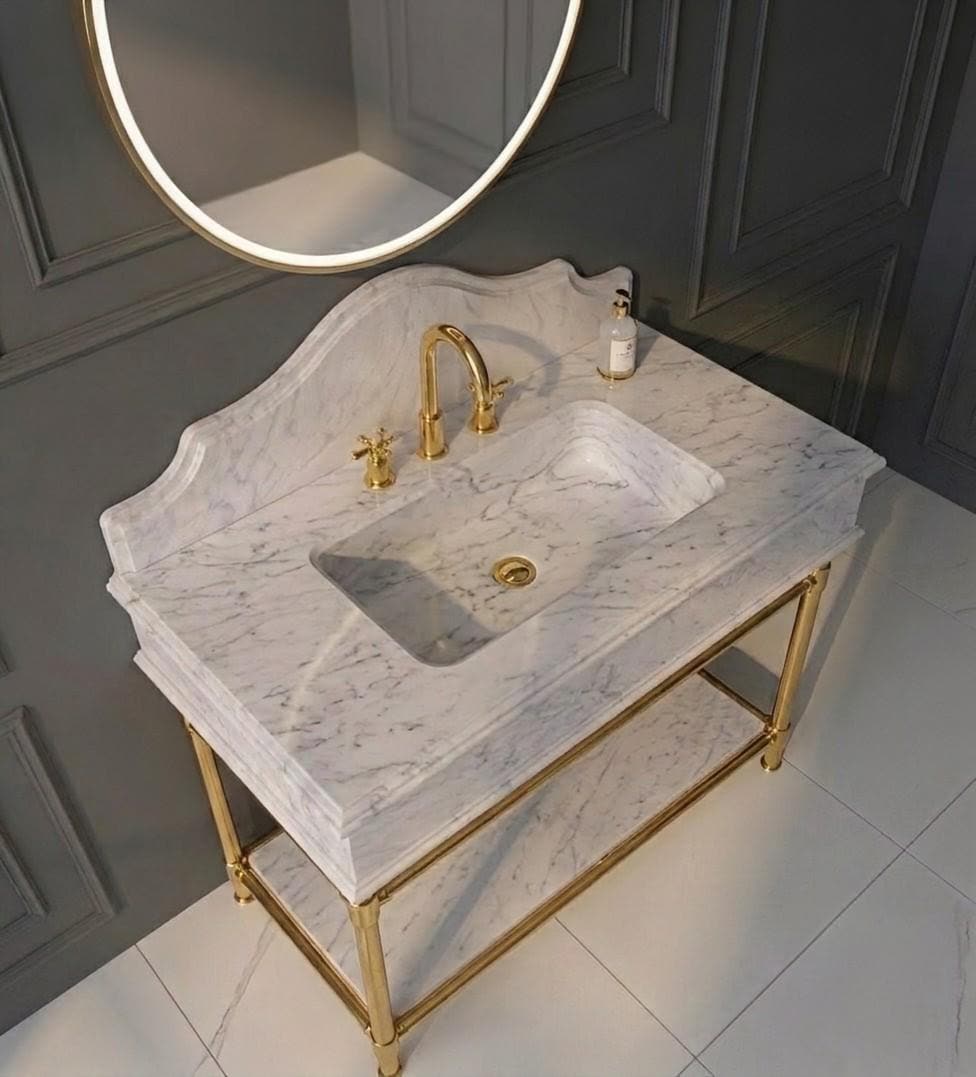 Solid White Marble Vanity Sink with Brass Console Stand, Ogee Edge Bathroom Basin