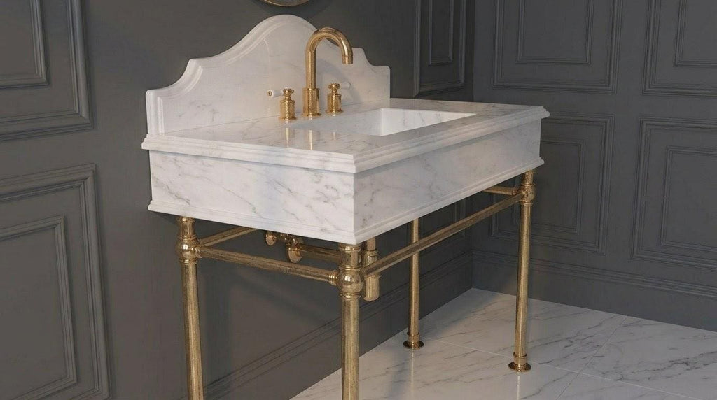 Solid White Marble Vanity Sink with Brass Console Stand, Ogee Edge Bathroom Basin