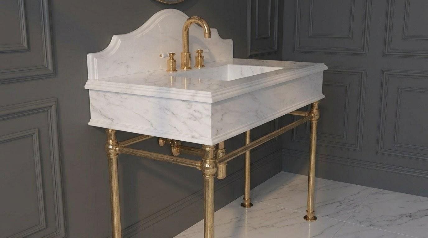 Solid White Marble Vanity Sink with Brass Console Stand, Ogee Edge Bathroom Basin