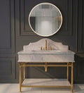 Solid White Marble Vanity Sink with Brass Console Stand, Ogee Edge Bathroom Basin