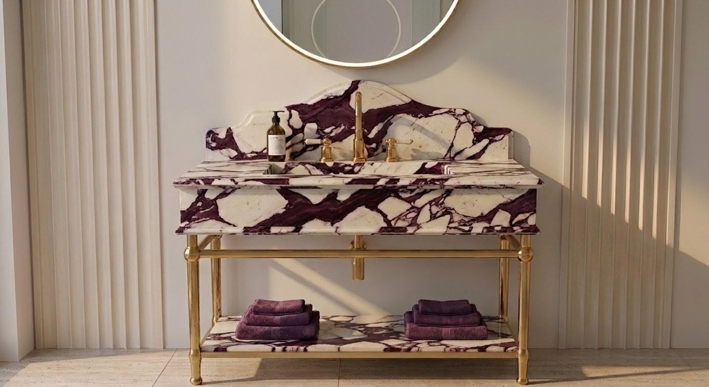Calacatta Viola Marble Vanity Sink, Purple Vein Console Basin, Brass Stand, Natural Stone Washbasin