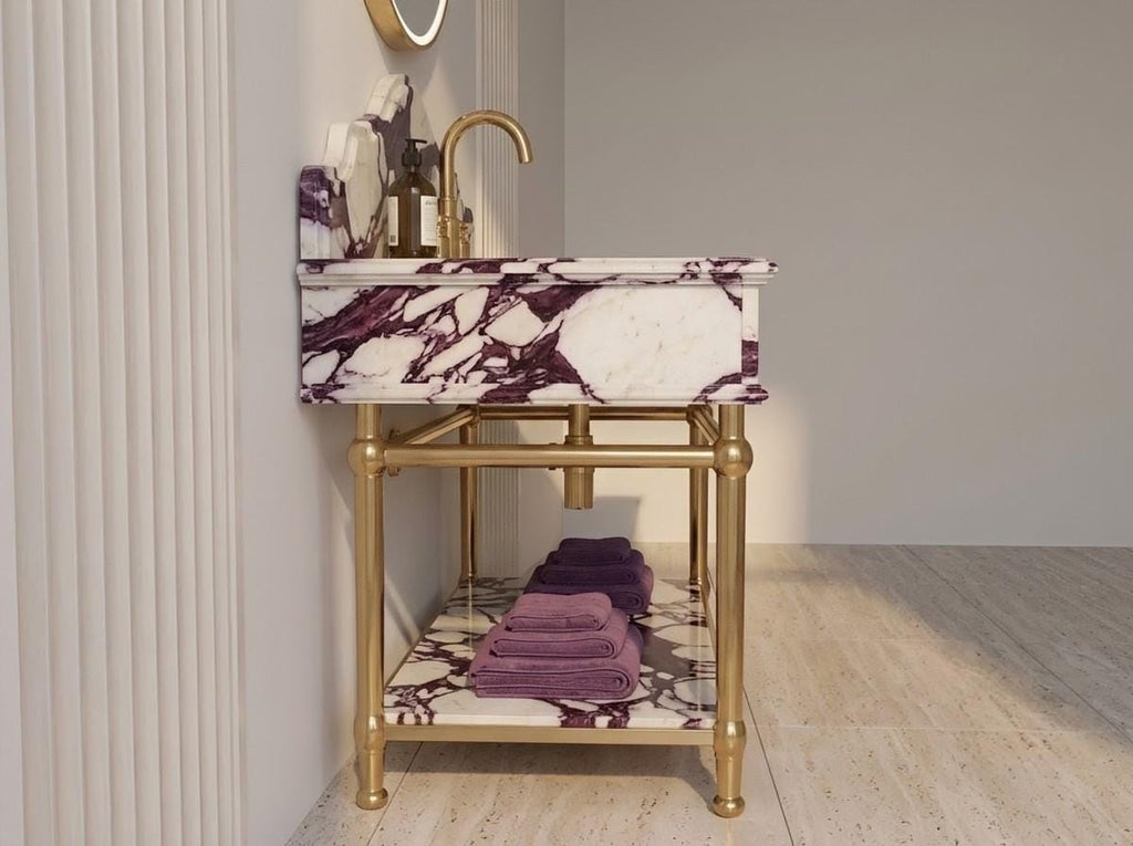 Calacatta Viola Marble Vanity Sink, Purple Vein Console Basin, Brass Stand, Natural Stone Washbasin