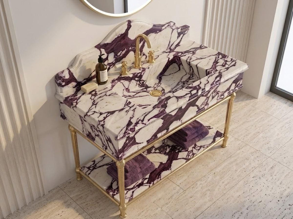 Calacatta Viola Marble Vanity Sink, Purple Vein Console Basin, Brass Stand, Natural Stone Washbasin