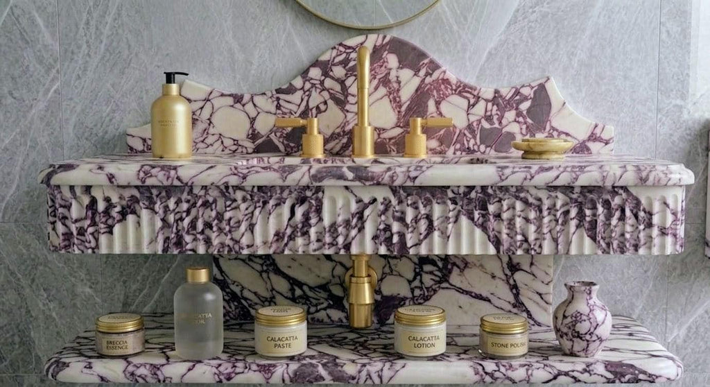 Calacatta Viola Marble Sink, Fluted Floating Vanity, Ribbed Handcrafted Basin
