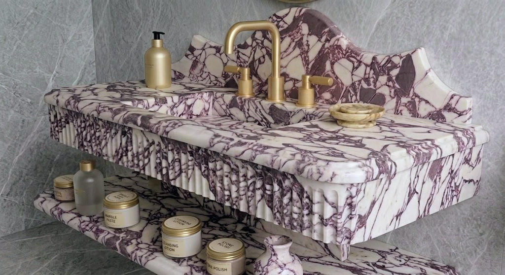 Calacatta Viola Marble Sink, Fluted Floating Vanity, Ribbed Handcrafted Basin