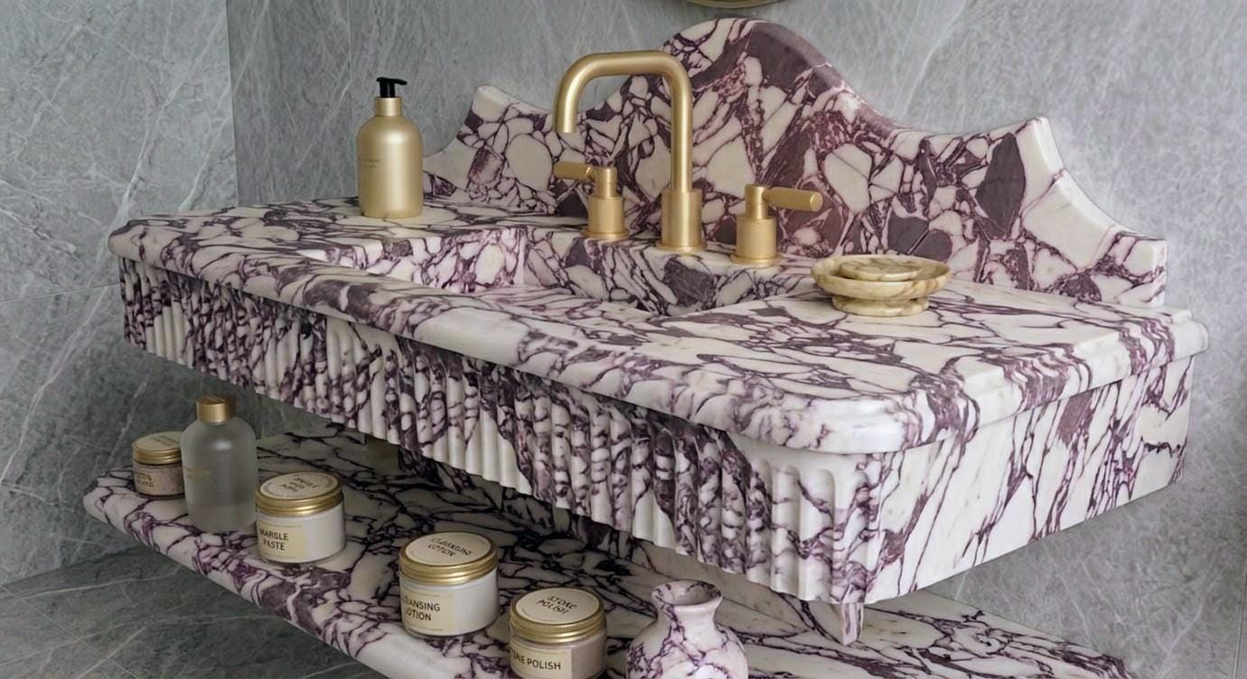 Calacatta Viola Marble Sink, Fluted Floating Vanity, Ribbed Handcrafted Basin