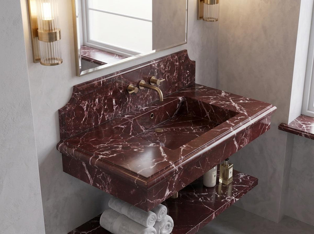 Burgundy Marble Sink, Fluted Floating Vanity, Wall Mounted Washbasin