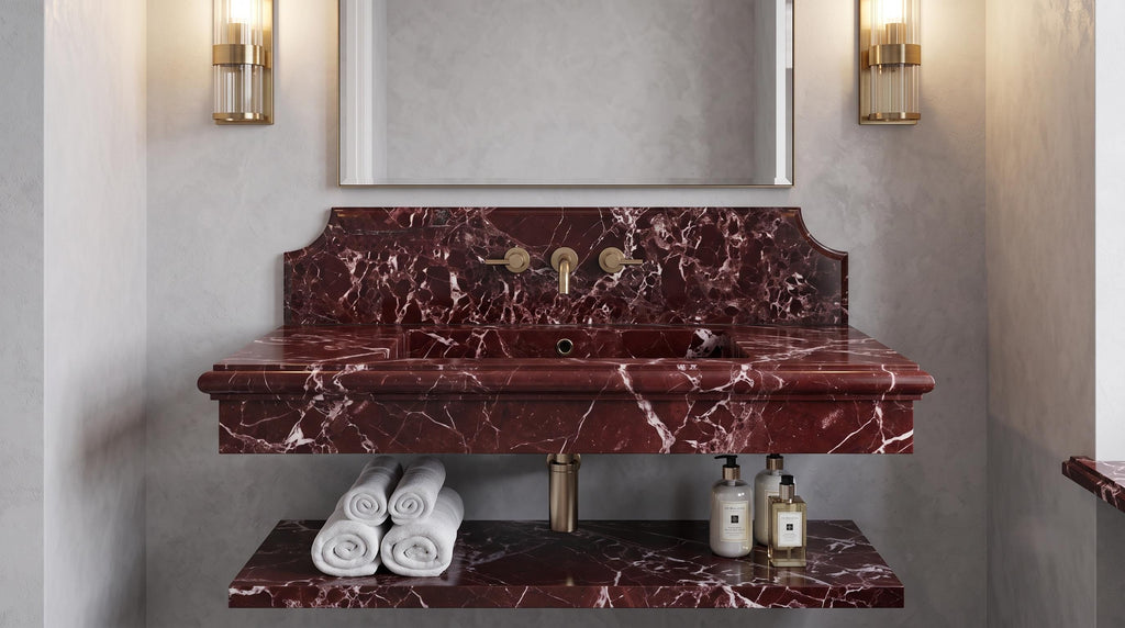 Burgundy Marble Sink, Fluted Floating Vanity, Wall Mounted Washbasin