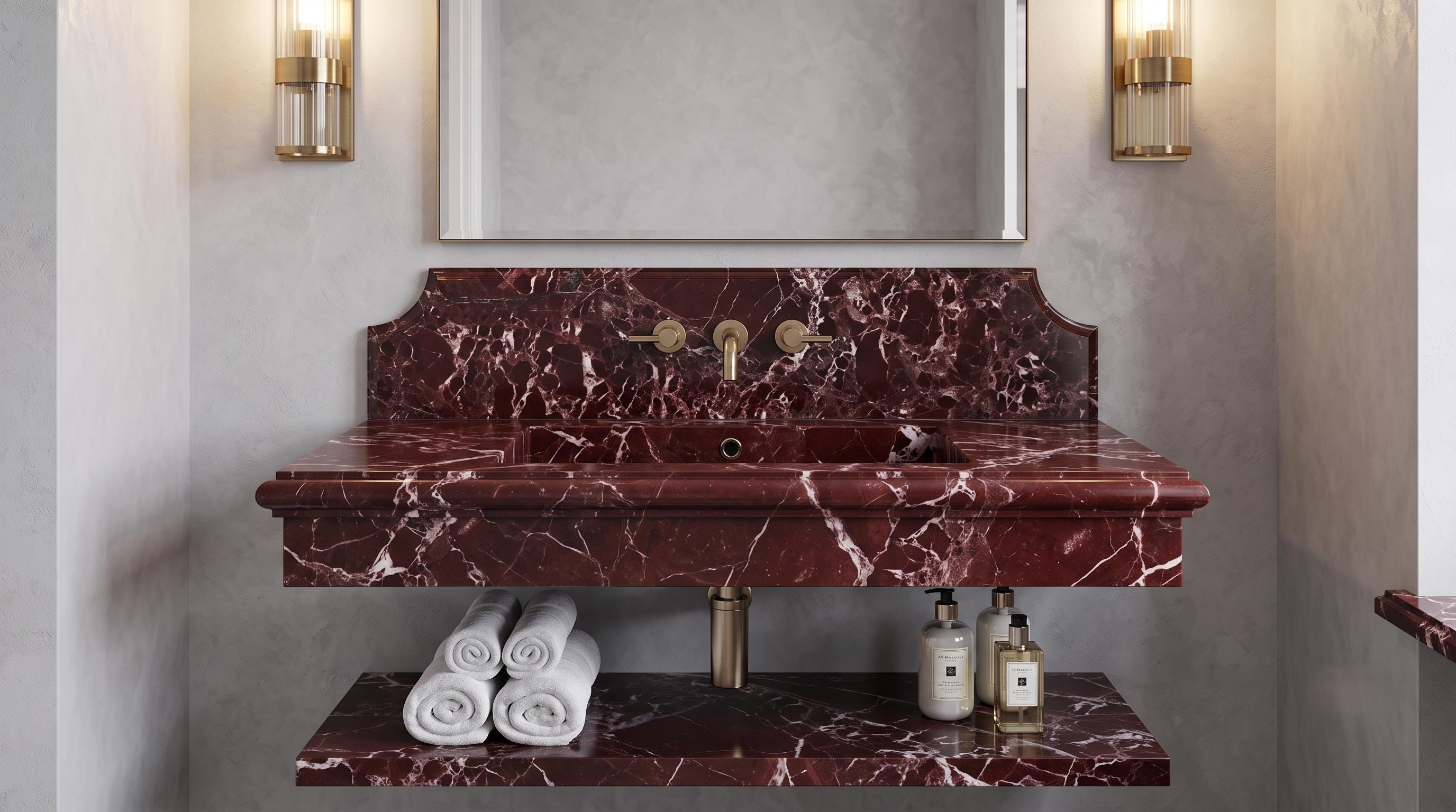 Burgundy Marble Sink, Fluted Floating Vanity, Wall Mounted Washbasin