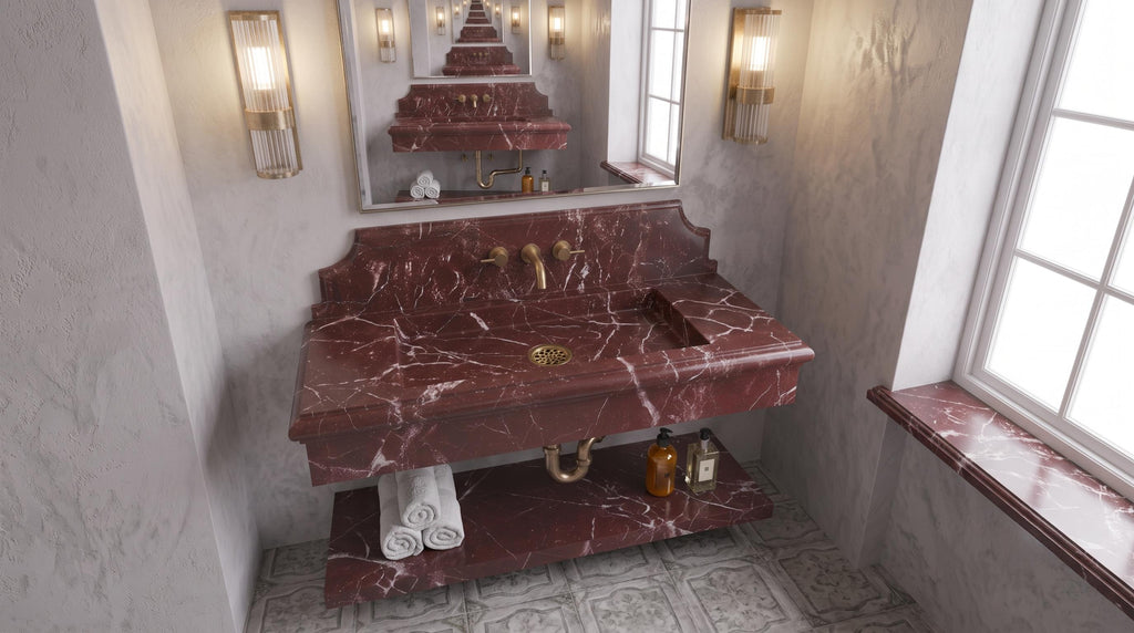 Burgundy Marble Sink, Fluted Floating Vanity, Wall Mounted Washbasin