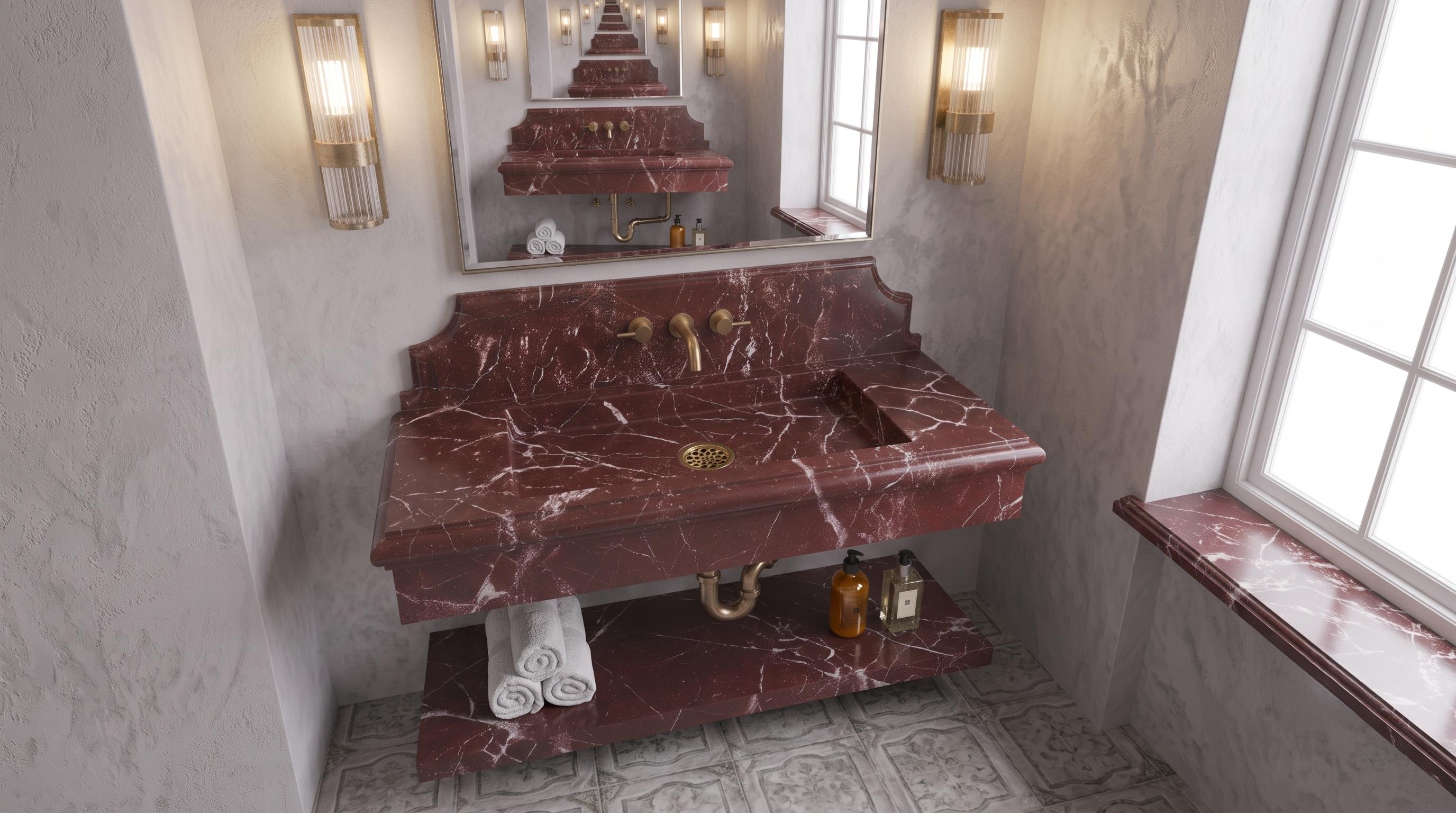 Burgundy Marble Sink, Fluted Floating Vanity, Wall Mounted Washbasin