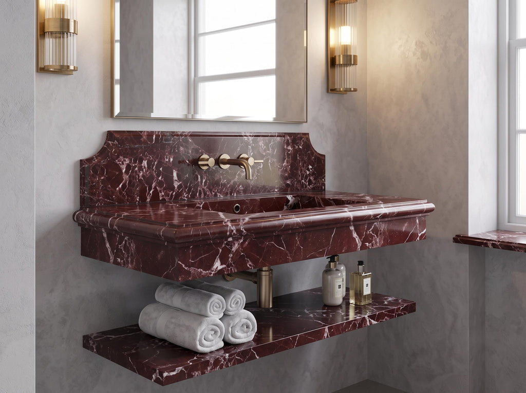 Burgundy Marble Sink, Fluted Floating Vanity, Wall Mounted Washbasin