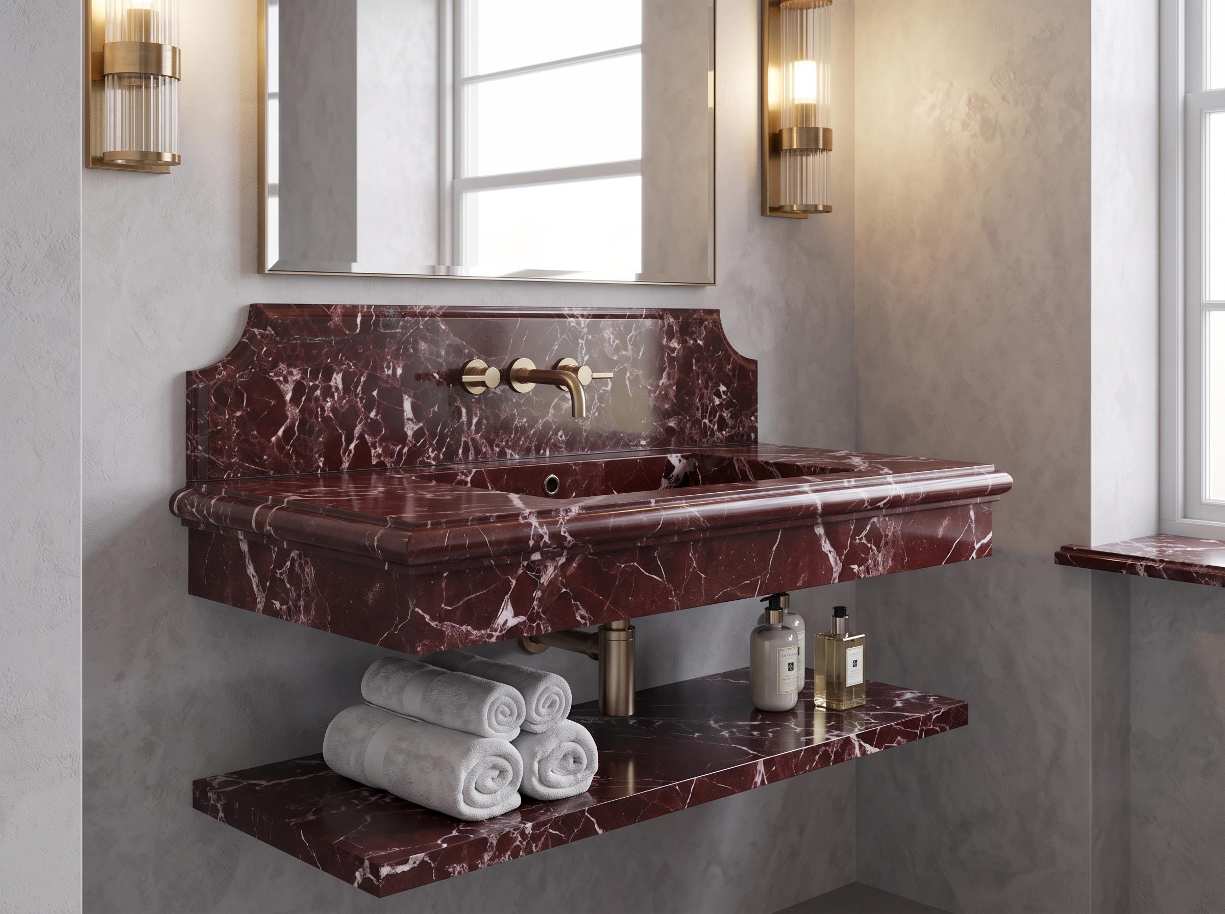 Burgundy Marble Sink, Fluted Floating Vanity, Wall Mounted Washbasin