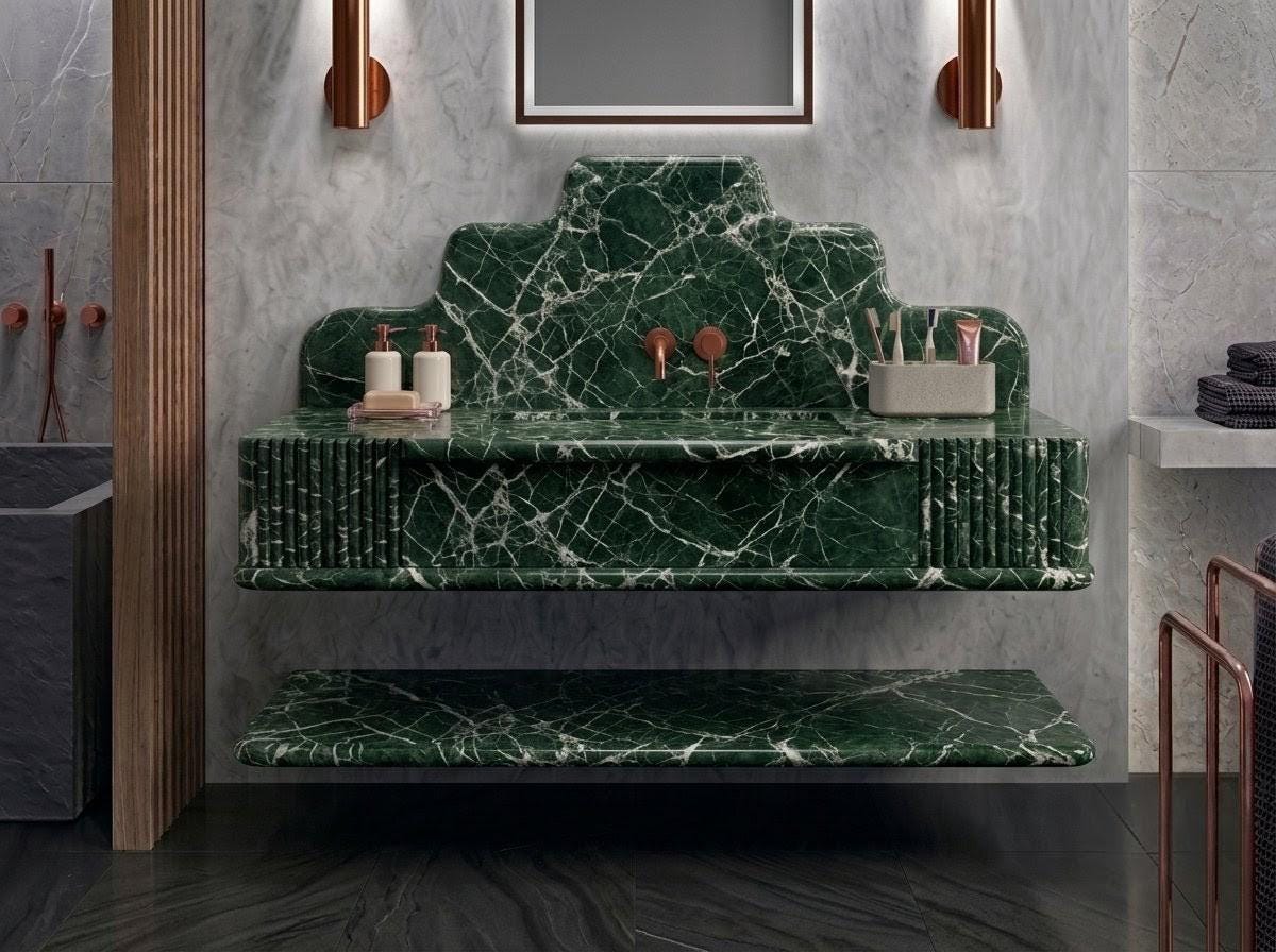 Green Marble Sink, Fluted Front Floating Vanity, Handcrafted Green Stone Washbasin