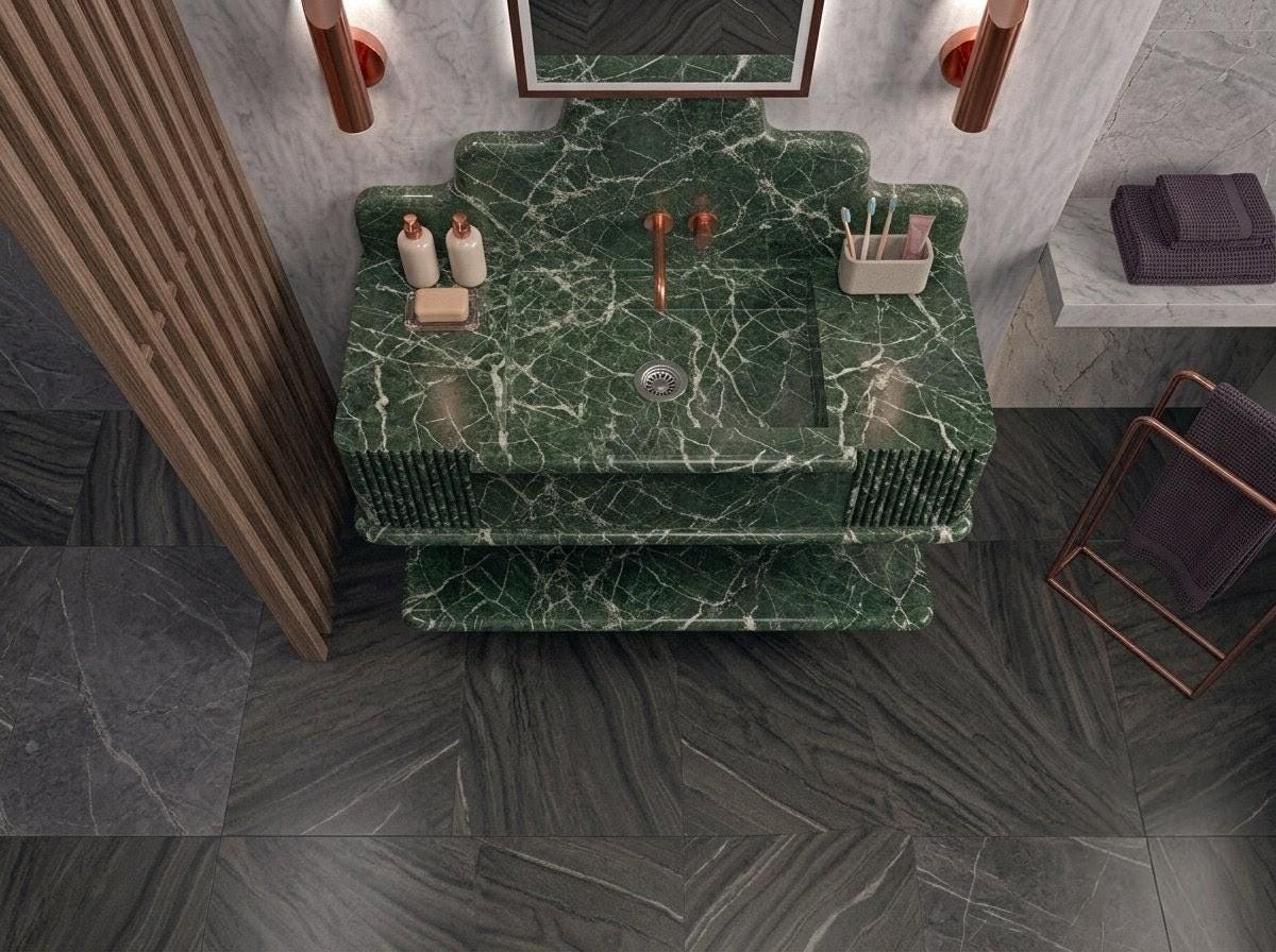 Green Marble Sink, Fluted Front Floating Vanity, Handcrafted Green Stone Washbasin