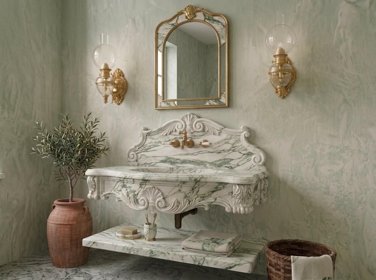 Hand-Carved Green Marble Sink, Vintage Calacatta Wall Mount Vanity Washbasin