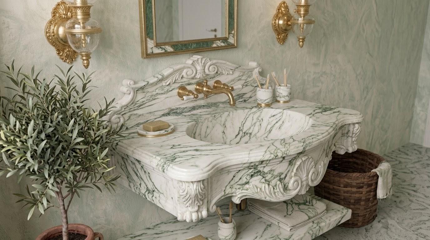 Hand-Carved Green Marble Sink, Vintage Calacatta Wall Mount Vanity Washbasin