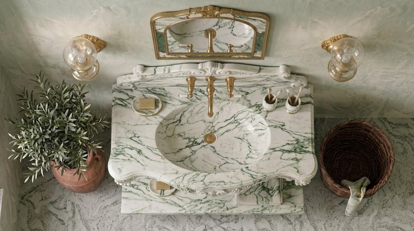 Hand-Carved Green Marble Sink, Vintage Calacatta Wall Mount Vanity Washbasin