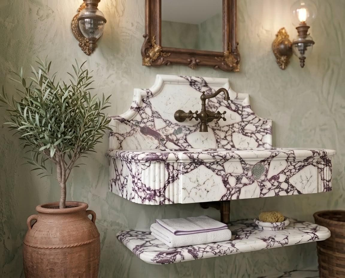 Calacatta Viola Marble Sink with Fluted Backsplash, Handcrafted Floating Vanity Basin