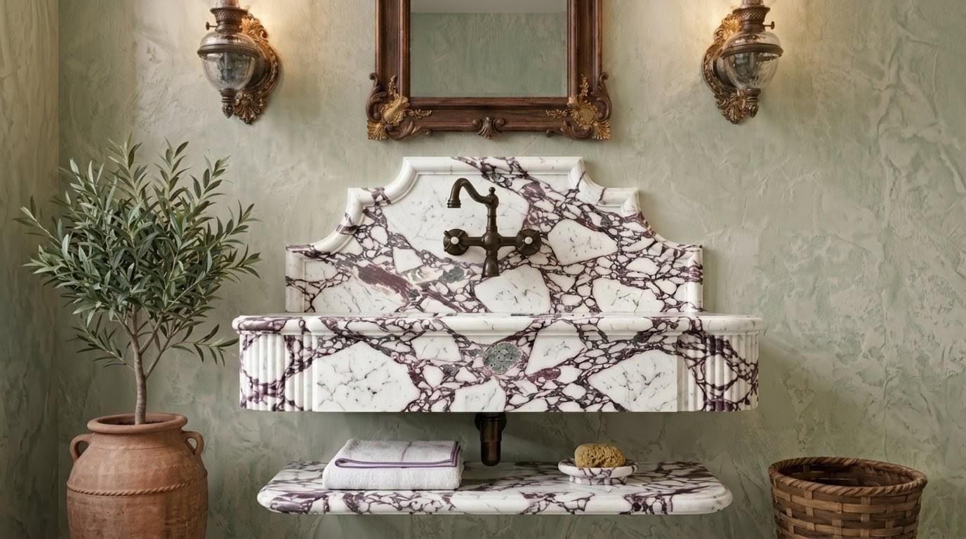 Calacatta Viola Marble Sink with Fluted Backsplash, Handcrafted Floating Vanity Basin
