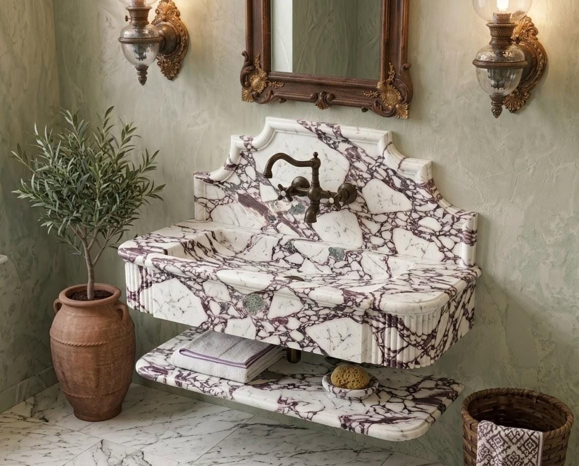 Calacatta Viola Marble Sink with Fluted Backsplash, Handcrafted Floating Vanity Basin