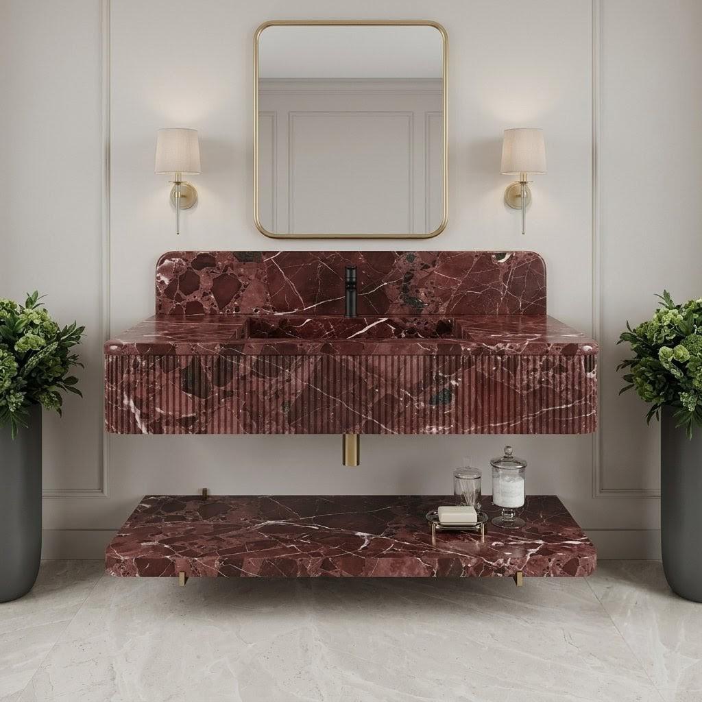 Burgundy Marble Fluted Wall Mounted Sink, Burgundy Floating Basin Backsplash